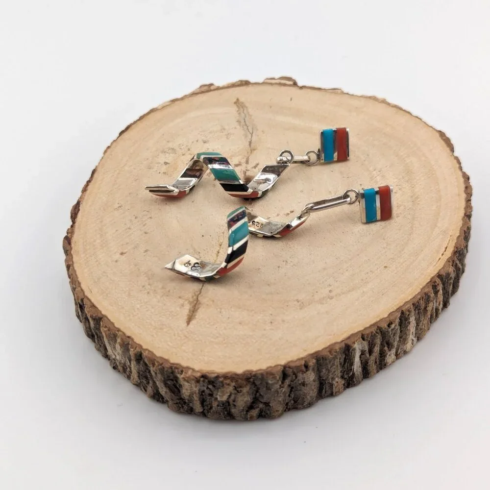 Authentic Zuni‎ Spiral Multi Stones Inlay Dangle Earrings Handmade NA Jewelry**